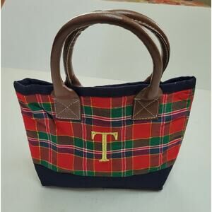 Nantucket Scotch Plaid Red Green Monogrammed Gold "T" Small Tote Bag 10x 8.5 x 3